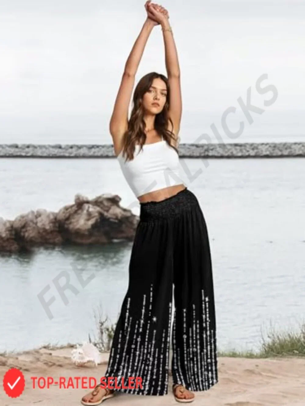 Wide Leg Palazzo Pants High Waist Flowy Casual Lounge Pockets Boho Beach
